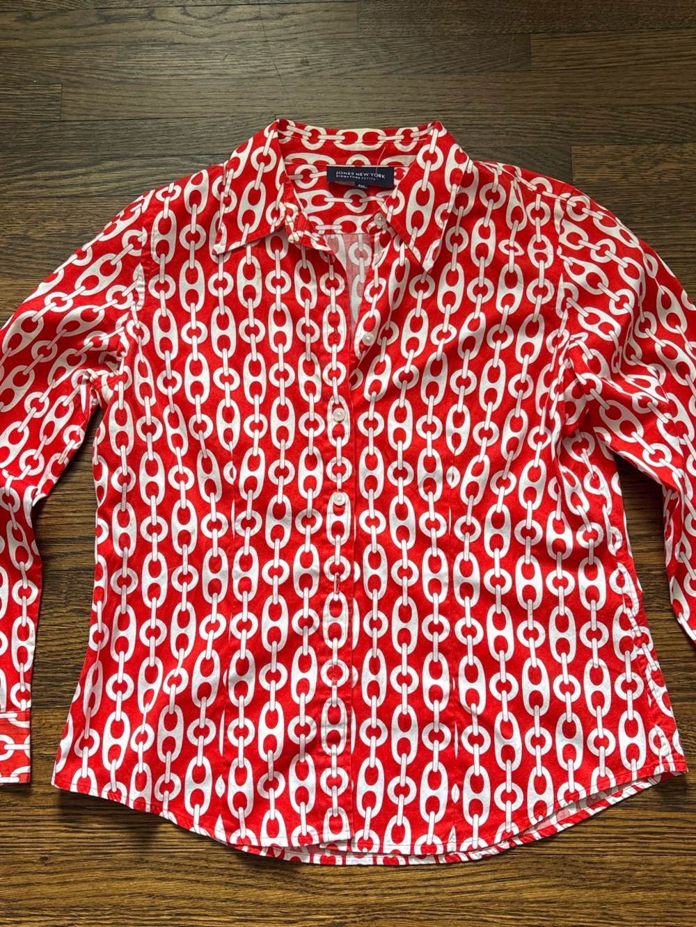Jones New York Red and White Chain-Link Button-Down Shirt